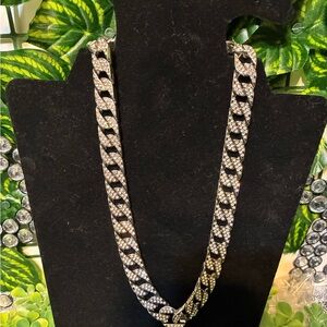 Cuban Link Stainless Steel Necklace with Rhinestones, Silver